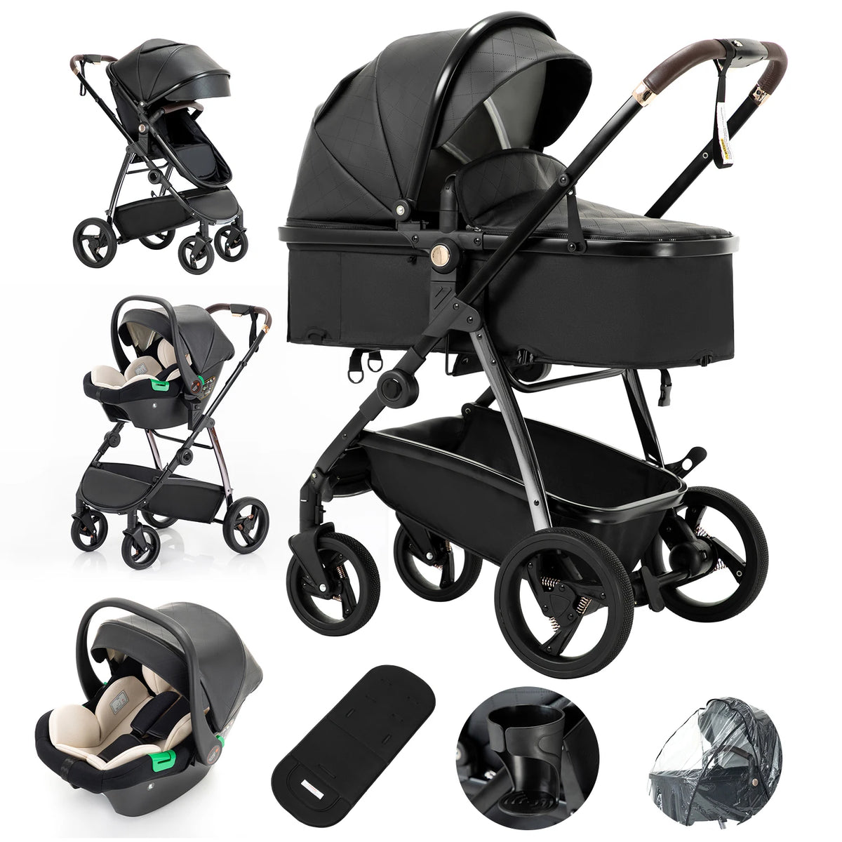 Baby stroller 3 in 1 Baby carriage Portable luxurious travel pram High landscape newborn baby stroller with baby carrier PU