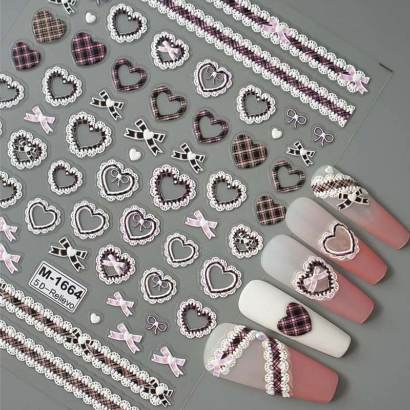 Japanese Bowknot Lace Heart Nail Stickers Self Adhesive Sweet Cool Pink Black Lace Nail Decals Cool Girls Manicure Decorations