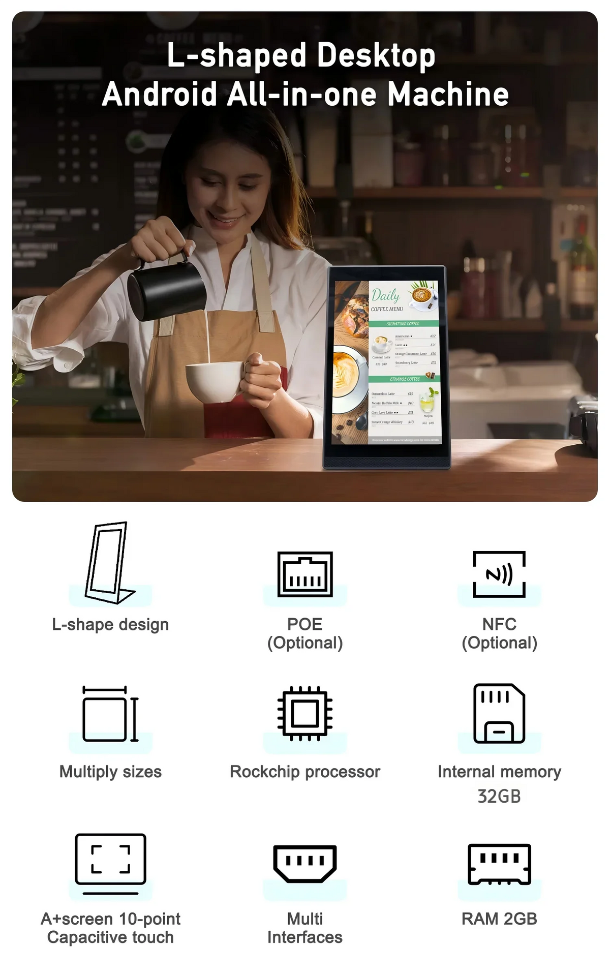 New Android 13 Vertical Screen Menu Machine, Portrait Touch Screen Ordering Kiosk, Customer Rating Device, Loyverse POS Terminal