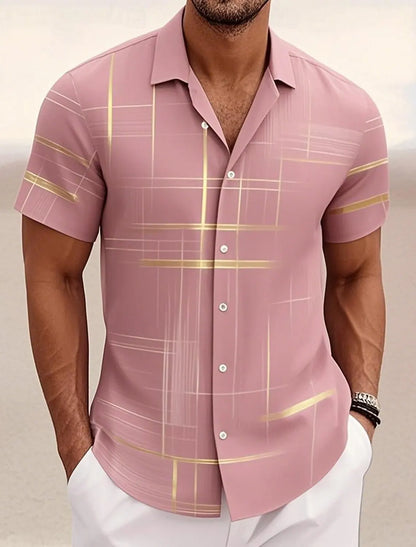 Summer Men's Geometric Grid  Plaid Shirts Short SleeveTurndown Hawaiian Shirt Button Up Shirts No Pockets Shirts