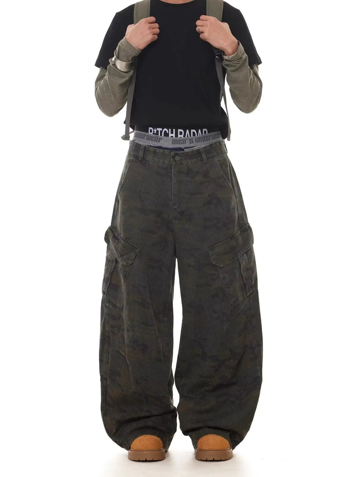 American Retro Multi-pocket Camouflage Silhouette Scimitar Jeans Niche Baggy Wide-leg Sickle Casual Pants Hoodies Men's Clothing