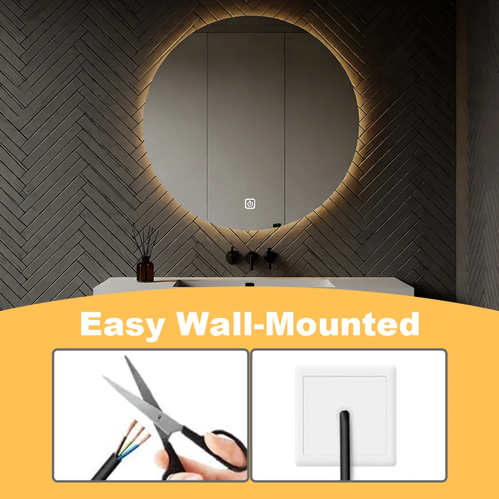 Smart Round Bathroom Mirror With LED Backlit Lights Wall Mounted Mirror 3 Colors Memory Stepless Dimmable Waterpoof IP54 Touch Switch