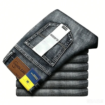2026 Brand Slim Washed Jeans Casual Straight Stretch Fashion Classic Blue Black Work Denim Trousers Male Brand Clothing