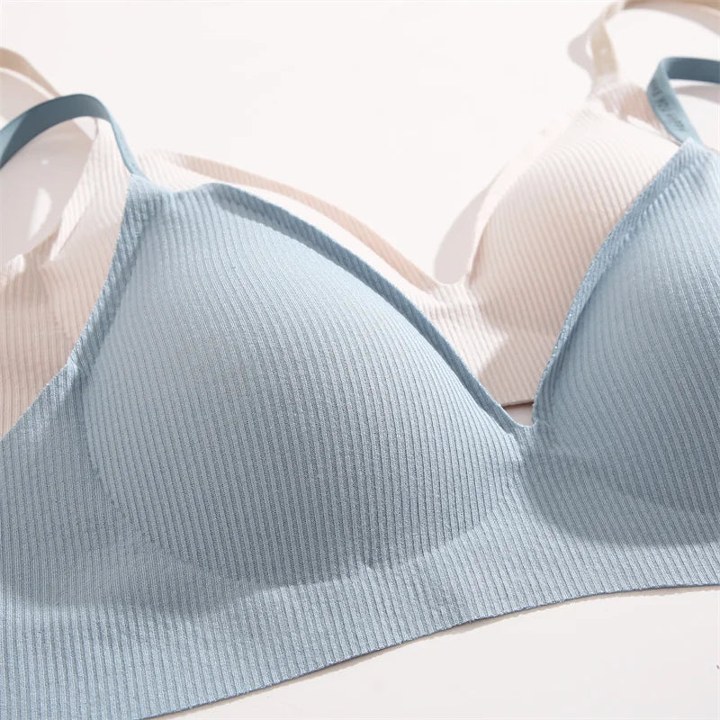 FINETOO Women Wireless Bra Deep V Padded Bralette S-XL Trendy Stripe Knitting Bras Sexy Ladies Brassiere Solid Underwear 6 Color