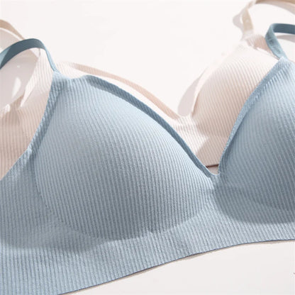 FINETOO Women Wireless Bra Deep V Padded Bralette S-XL Trendy Stripe Knitting Bras Sexy Ladies Brassiere Solid Underwear 6 Color