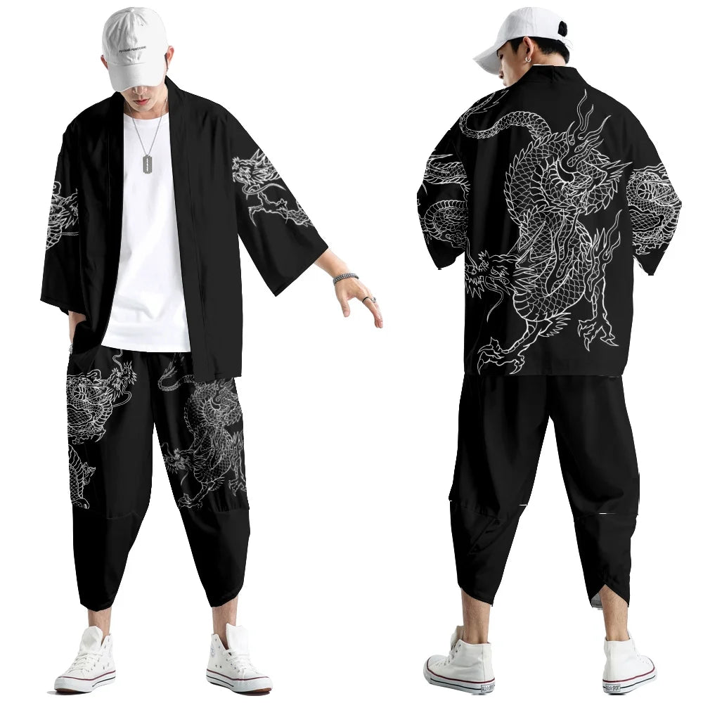 Large Size 5XL 6XL Japanese Kimono Cardigan Pants Set Print Fox Men Women Shirt Tradition Yukata Haori Obi Cosplay Costume