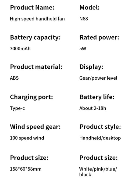 100 Speed High-speed Handheld Fan Usb Rechargeable Mini Portable Charging Turbo Fan Desktop Small Fan Outdoors Travel