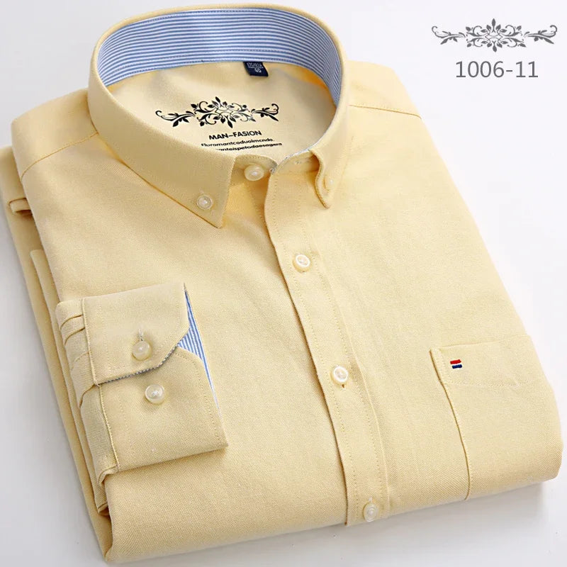 Classic Fit Cotton Full Casual Shirts for Men Solid Color Long-Sleeve Plain Shirt Single Pocket Top Soft Slim Fit Formal Clothes