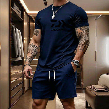 2026 Summer Men's Short Sleeved T-shirt Drawstring Shorts Set Breathable Outdoor Sports Set Men's Daily Fishing Suit
