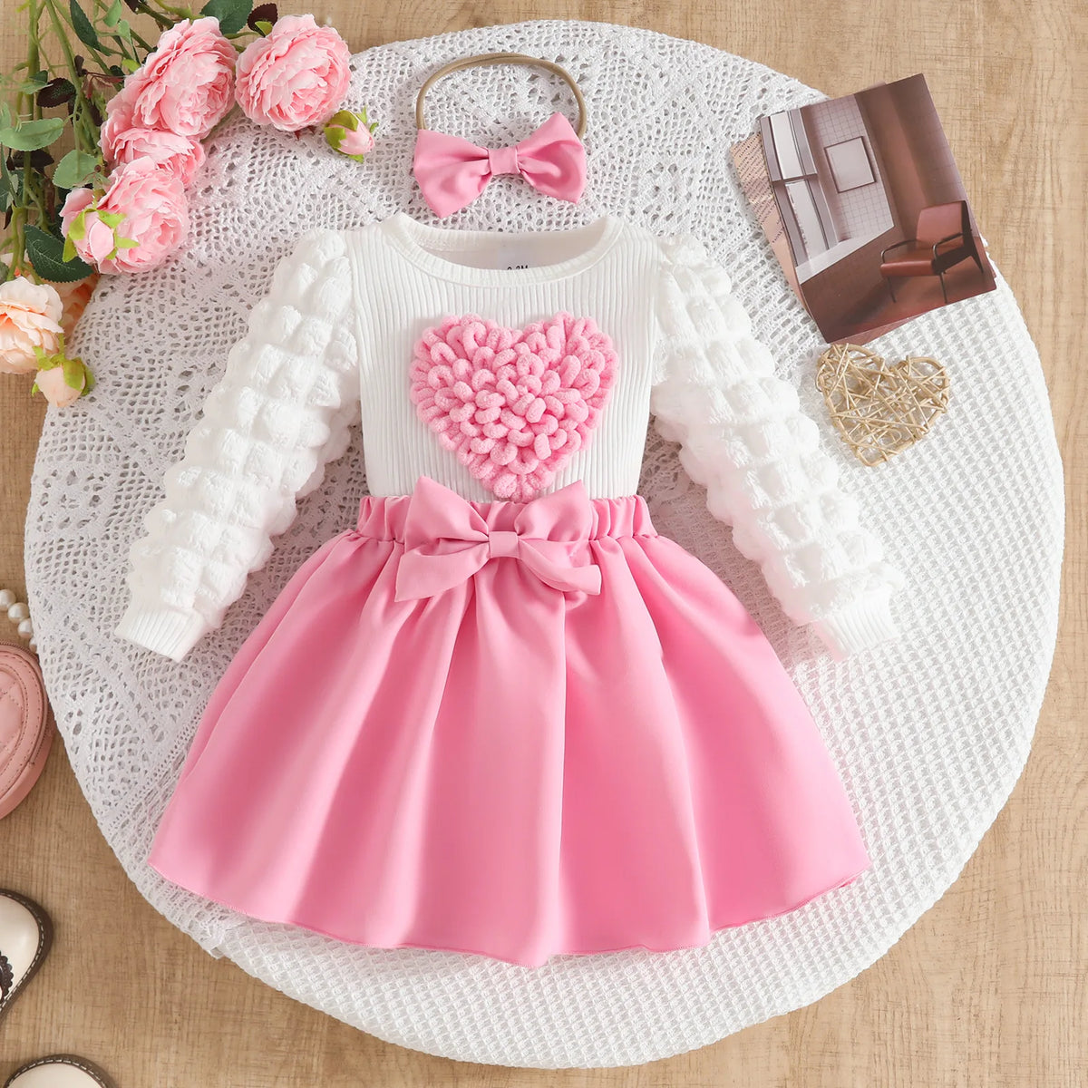 0-3Y Baby Girl Outfit Set 2pcs Puffy Sleeve Heart Shape Top and Corduroy Skirts Valentines Day Sweet Toddler Kids Clothes Girls