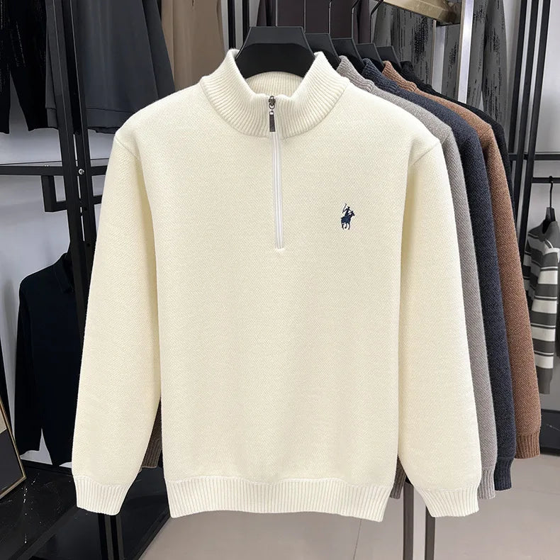 High quality half zipper knitted sweater men fashion luxury brand embroidery designer new top plush warm thick casual men's wear