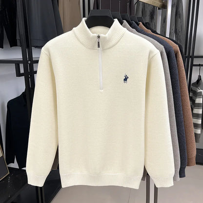 High quality half zipper knitted sweater men fashion luxury brand embroidery designer new top plush warm thick casual men's wear