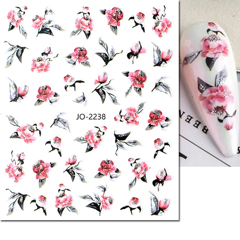 3d Nails Art Decals Spring Fruits Pink Full Tips Peony Magnolia Flowers Adhesive Sliders Stickers Decoration For Nails Manicure