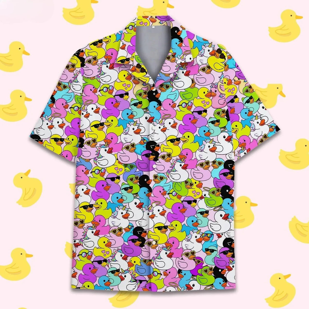 Funny Neon Rubber Duck Hawaiian Shirt for Men Galaxy Yellow Duck Mens Hawaiian Casual Button Down Shirts Short Sleeve Shirt Tops