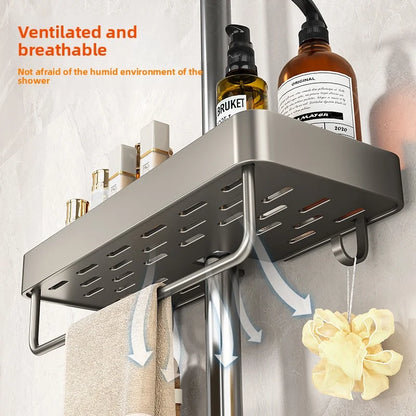 YM No-Drill Installation Bathroom Showerhead Storage Rack Tray Rain Shower Rod Holder Lift Bracket for Bathroom Organization
