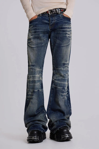 Y2K Vintage Flared Jeans Mid Blue Washed Men Women Bootcut Jeans American Hip Hop Distressed Streetwear Unisex Wide Leg Pants
