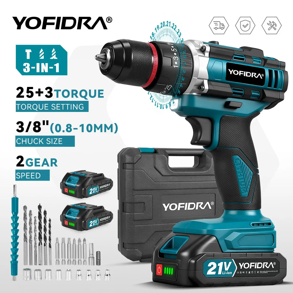 YOFIDRA 3 IN 1 25+3 Torque Electric Impact Drill  Handheld Cordless Impact Drill Woodworking Power Tool For Makita Battery Pin