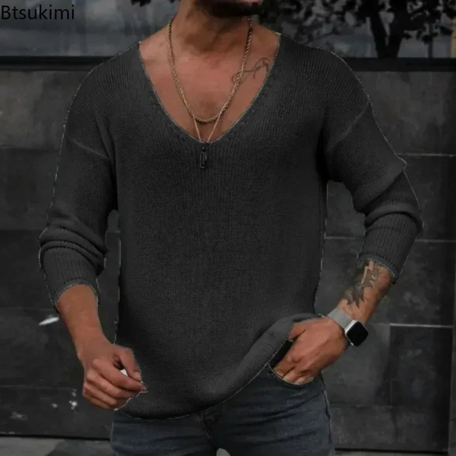 New 2026 Men's Casual Long Sleeve Knitted Sweaters Tops Solid Fashion Pullover Tops For Men Harajuku V-neck Streetwear Jumper