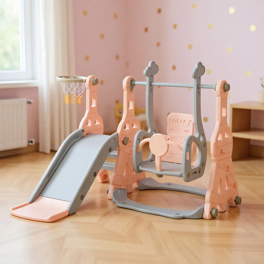 Kids 4 in 1 Slide Garden Shed and Slides Kids with Basket Slide for Children Indoor Outdoor with Slide and Swing,Pink