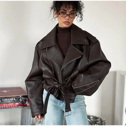 Retro Brown Lace Up Lapel Leather Jacket Women Fashion Zipper Pocket Full Sleeve Short Coat 2025 New Autumn High Street Outwears