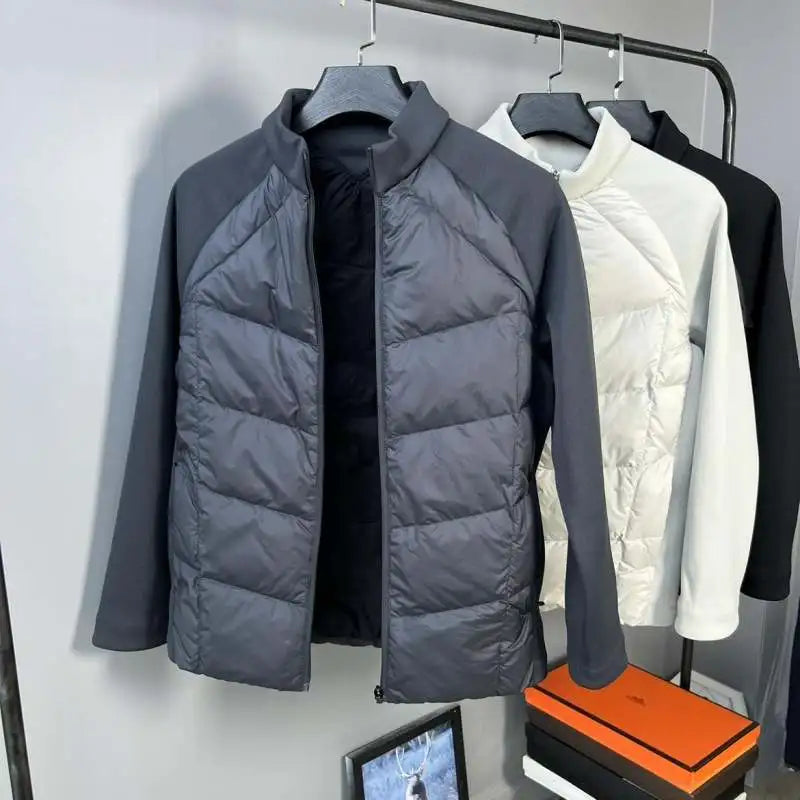 90 white duck down three-proof fabric men's down jacket, stand-up collar knitted patchwork sports outdoor winter coat