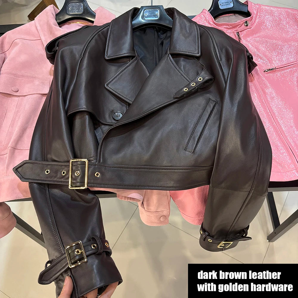 YOLOAgain Wide Shoulder Real Leather Jacket Women Oversized Genuine Leather Cropped Jacket