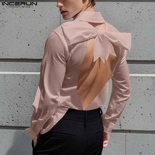 INCERUN Fashion New Men's Tops Backless Bow Design Shirt Sexy Casual Male Solid Comfortable Long Sleeved Lapel Blouse S-5XL 2025