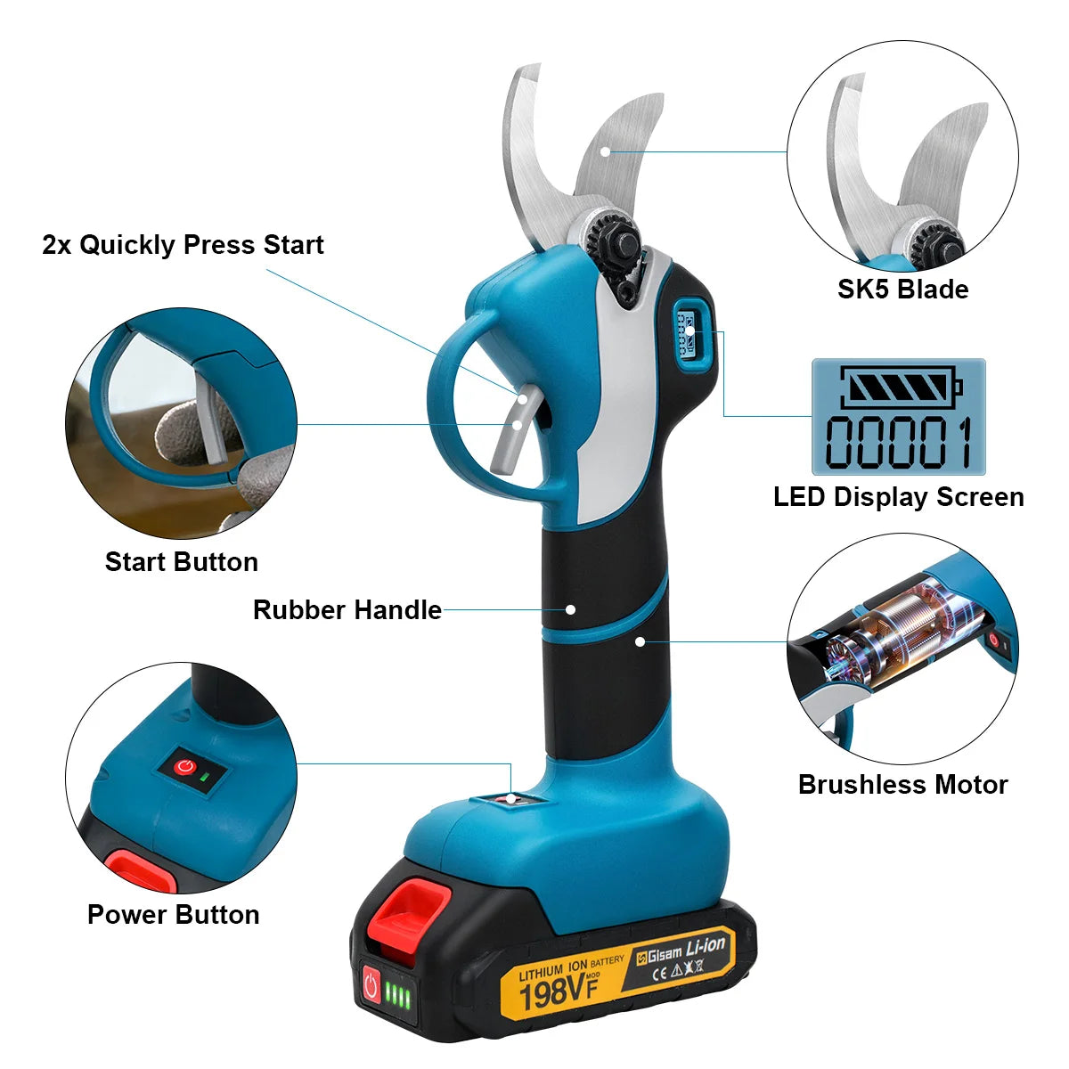 Gisam 1000W 40mm Electric Pruning Shears Brushless Cordless Pruner Shear Garden Tree Branches Cutter For Makita 18V Battery Pins