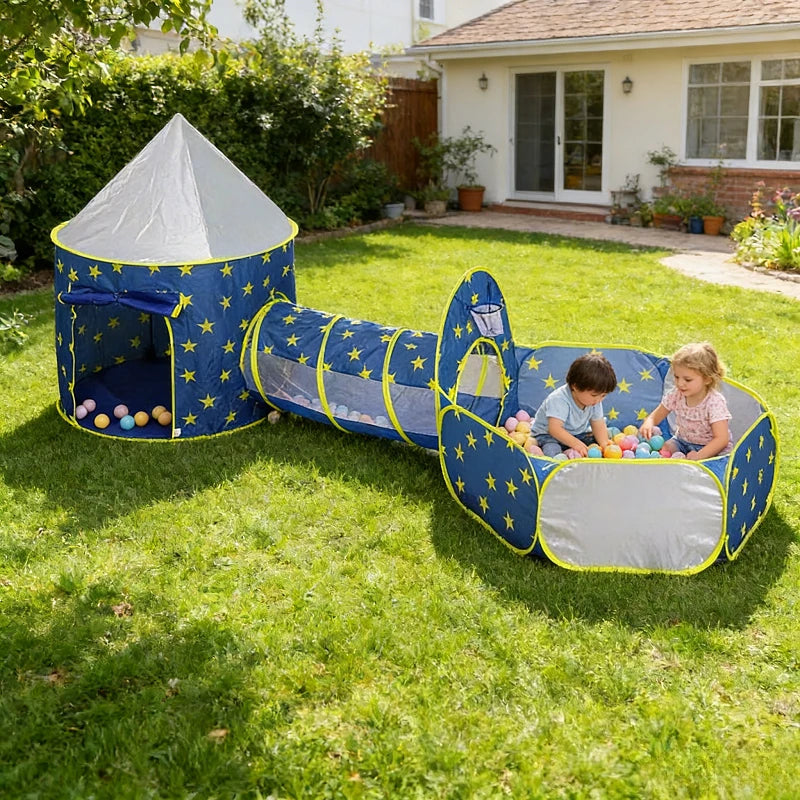 3PC Kids Play Tent with Tunnel and Ball Pit,  Play Tents for Toddlers Playhouse, Indoor & Outdoor Starry Sky Tent with Carry Bag