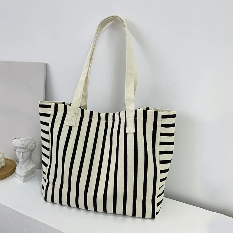 Striped Canvas Bag Beach Handbag Fashionable Women's Canvas Summer Large Capacity Shoulder Bag