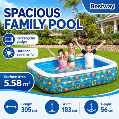 Bestway Rectangular Inflatable Family Swimming Pool 305x183x56cm Floral Outdoor Above Ground Pool for Garden Summer Water Fun