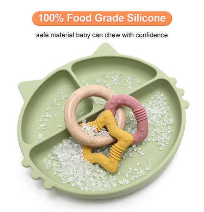 Silicone Star and Heart Teether with Teething Wooden Ring Baby Rattle Toy