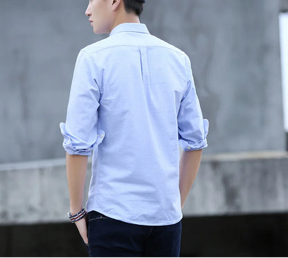 Classic Fit Cotton Full Casual Shirts for Men Solid Color Long-Sleeve Plain Shirt Single Pocket Top Soft Slim Fit Formal Clothes