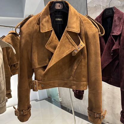 YOLOAgain Wide Shoulder Real Leather Jacket Women Oversized Genuine Leather Cropped Jacket