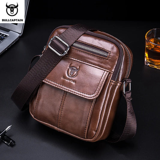 Bullcaptain Casual Men's Shoulder Bags Business Messenger Bag High-Quality Men's Cow Leather Bag's Mini Large Capacity Pocket