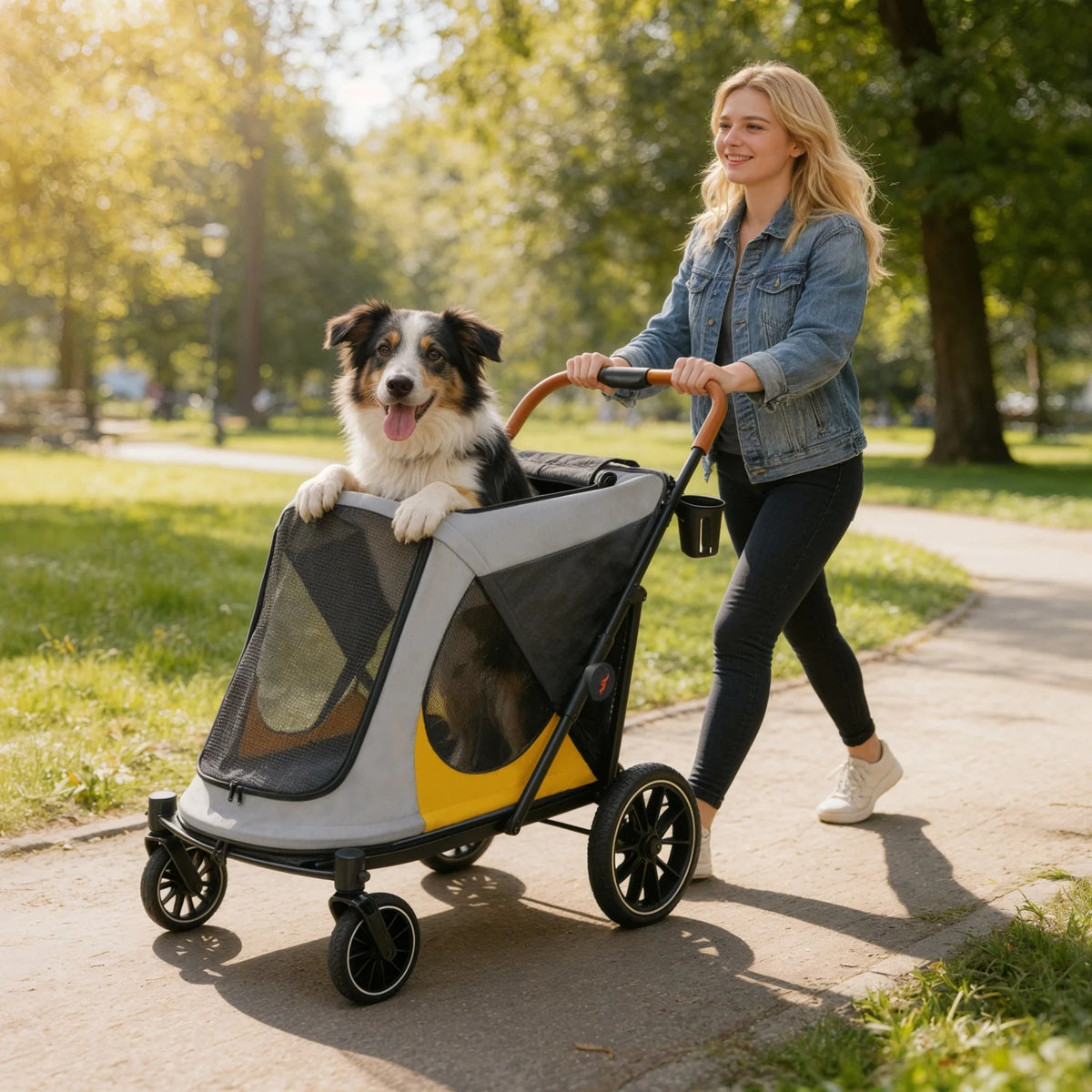 One-Click Folding Dog Stroller for Large Dogs Outdoor Pet Jogger Wagon Stroller Carrier with Storage Pockets 4 Wheels Pet Travel Stroller