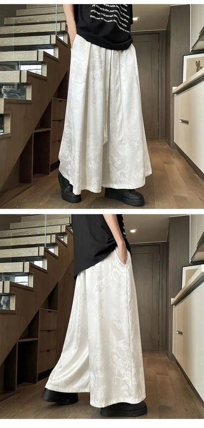 Men's Black Dragon Jacquard Wide-Leg Pants - New Chinese Style Satin Belted Trousers