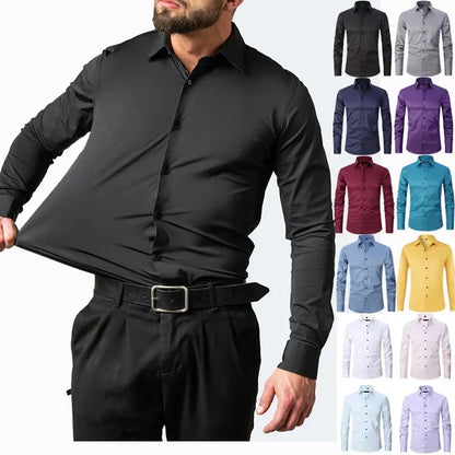 Men's long-sleeved shirt made of elastic fabric, wash-and-wear wrinkle-resistant business casual, silky smooth, pure color shirt