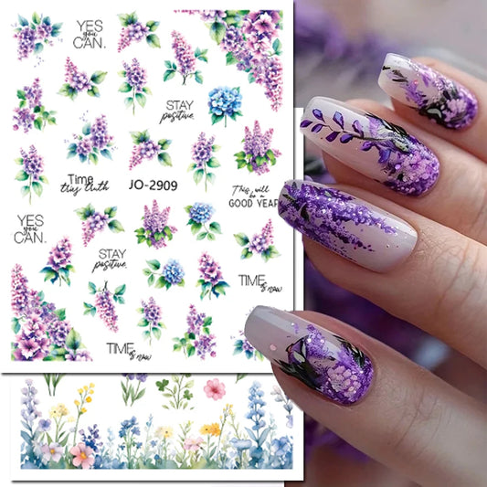3d Nail Art Decals Spring Booming Violets Lavenders Purple Blue Pink Flowers Butterflys Stickers Decoration For Nail Tips Beauty