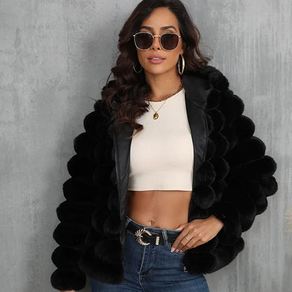 2026 Faux Fur Women Coats Hooded Full Sleeve Short Coat Zipper Thick Warm Solid Temperament Elegant Splice Autumn Winter