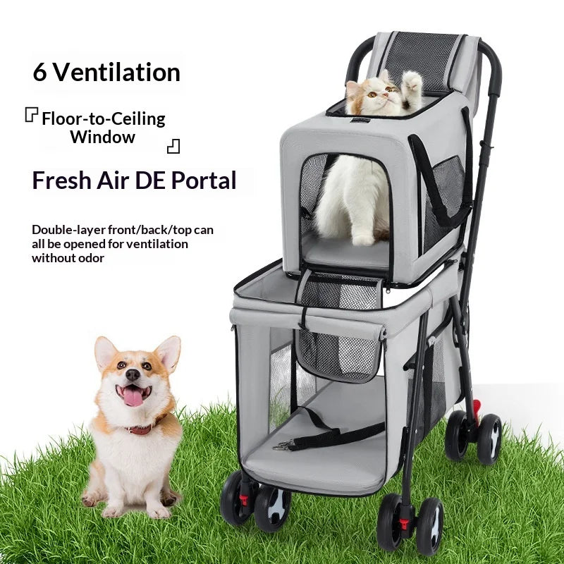 Luxury Double-Layer Eco-friendly ABS Material 4-Wheel Pet Stroller Small Large Dogs Cats Lightweight Travel Pet Carriers