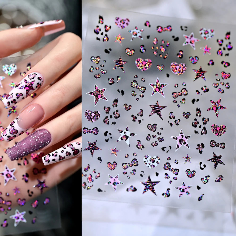 5D Pink Leopard Print Nail Art Stickers 8x10cm Pink/Black/Brown Leopard Nail Decal DIY Manicure Adhesived Leopard Slider