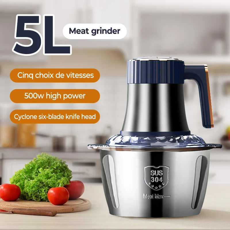 5L Electric Food Processor Meat Grinder with 6 Stainless Steel Blades Multifunction Meat Chopper Vegetable Cutter Food Mincer Large Capacity Kitchen Chopper for Meat Vegetables Fruits Garlic Onion Nuts Baby Food