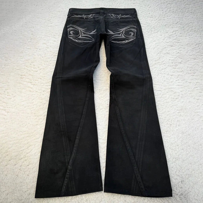 Vintage X Ray Waxing Tribal Embroidery Men's Flared Jeans Gothic High Street Unisex Punk Slim Fit Jeans Y2K Baggy Flared Jeans