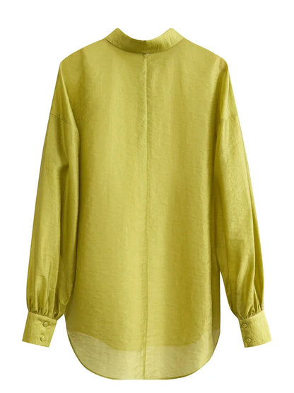 AMII Minimalist Blouse for Women 2023 Autumn Lantern Sleeve V-Neck Slightly Transparent Elegant Commuter Clothing Tops 72341030