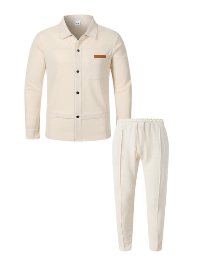 2026 Men's New Style Waffle Plain Color Collar Button-Down Pockets Long-Sleeved Pants Casual Jacket Set