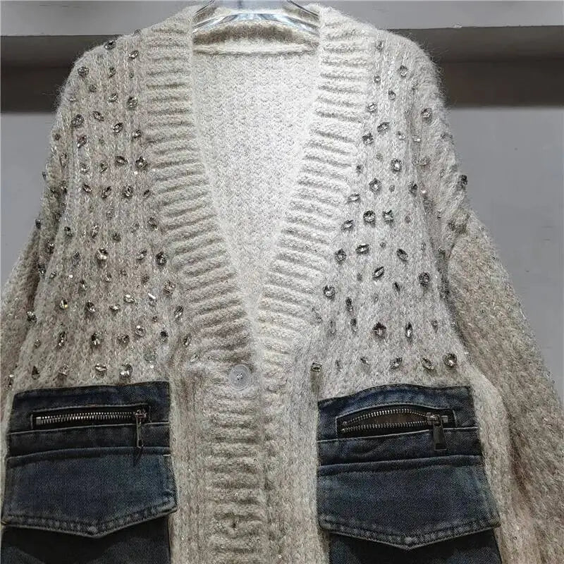 DEAT Women's Cardigan V-neck Patchwork Denim Pockets Diamonds Loose Long Sleeve Knitted Sweaters 2026 New Autumn Fashion 29A3243