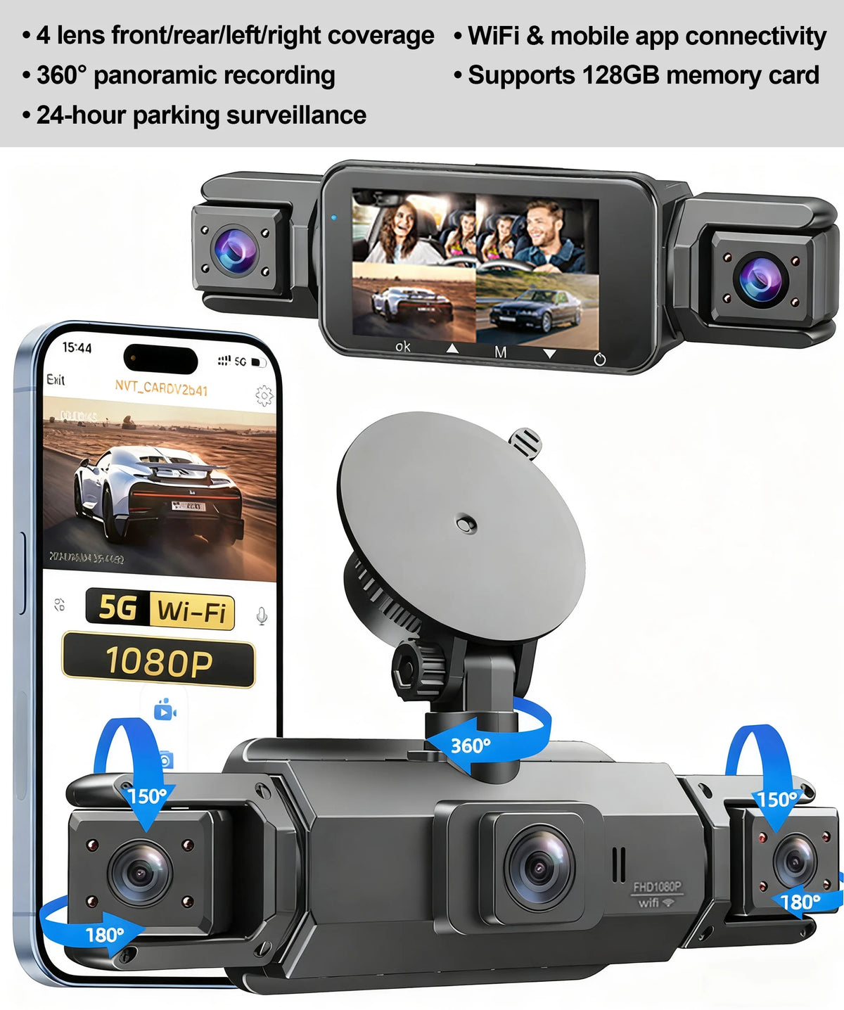 Dashcam 4 Channels WiFi Car DVR Dashboard Cameras for Car Way Back Box Parking Mode 24H Front and Rear Interior 360 Dash Cam