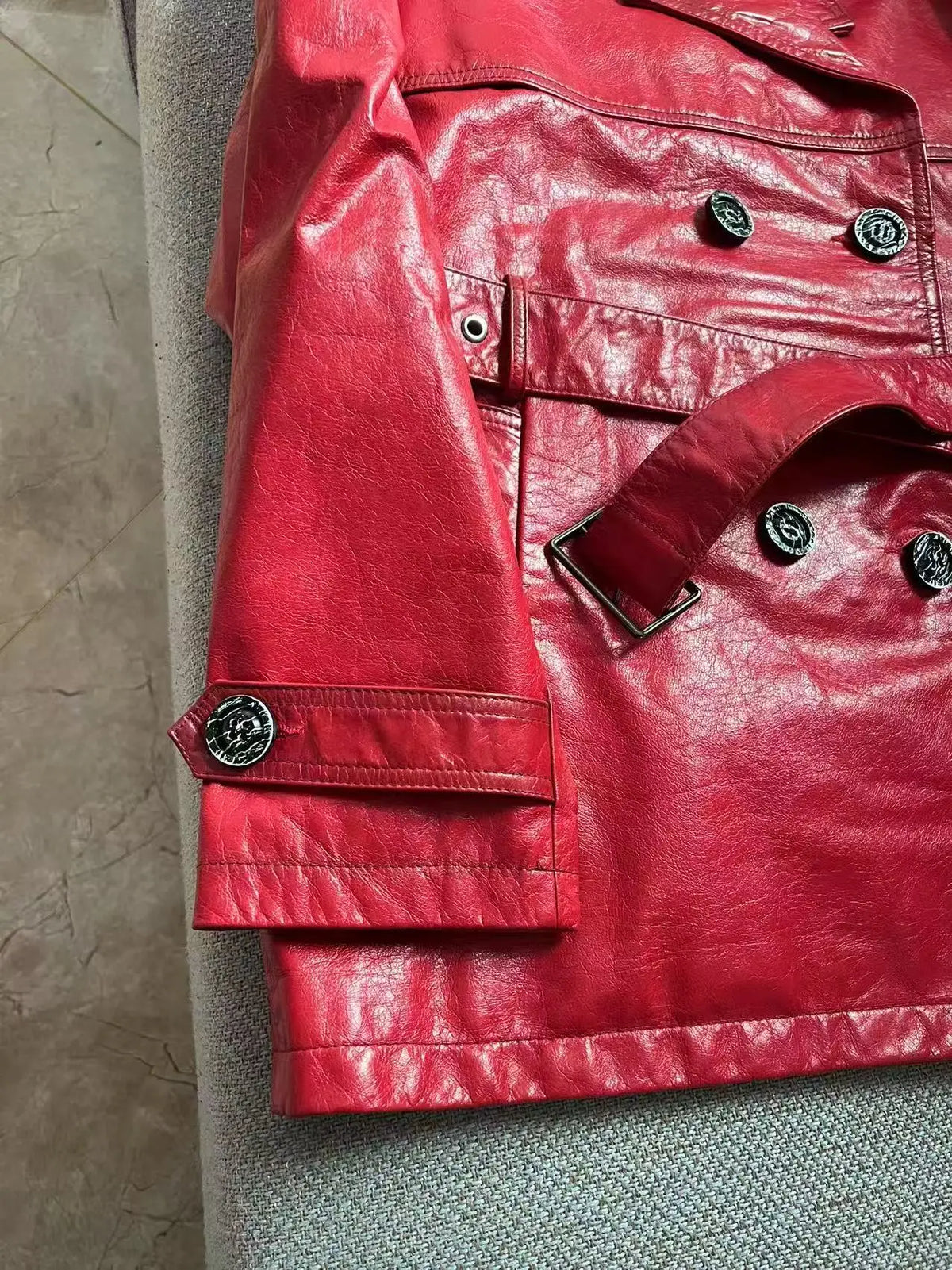 Roupas Femininas Autumn Women Suit Collar Lace-up Waist Oil Wax Sheepskin Gabardina Mujer Vintage Red Short Leather Trench Coat