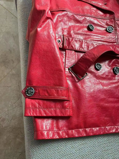 Roupas Femininas Autumn Women Suit Collar Lace-up Waist Oil Wax Sheepskin Gabardina Mujer Vintage Red Short Leather Trench Coat